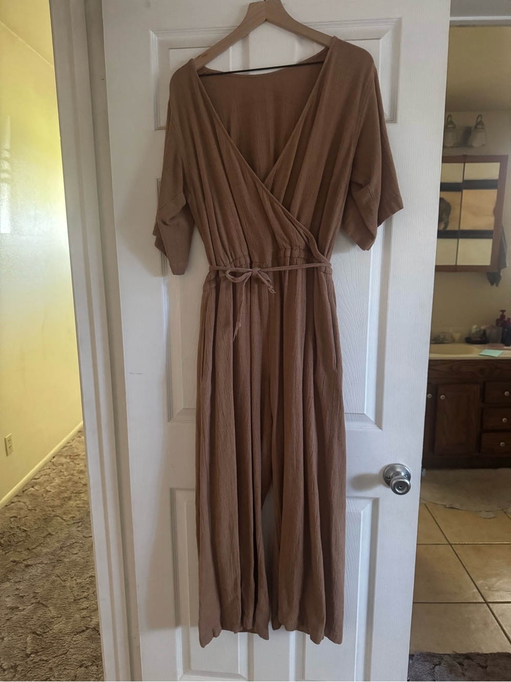 esby Wrap-Front Long Sleeve Jumpsuit in Tan Brown